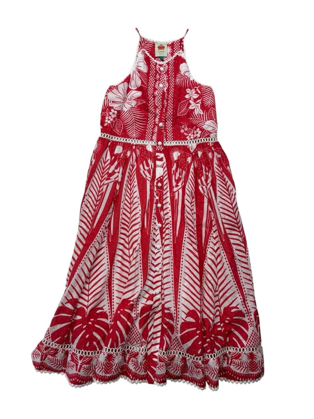 Farm Rio size small Red White Tropical Print Button-Front Maxi Dress vaca party
